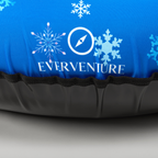 Black sleeping bag with blue cover featuring snowflakes and 'EVERVENTURE' logo on a gray background