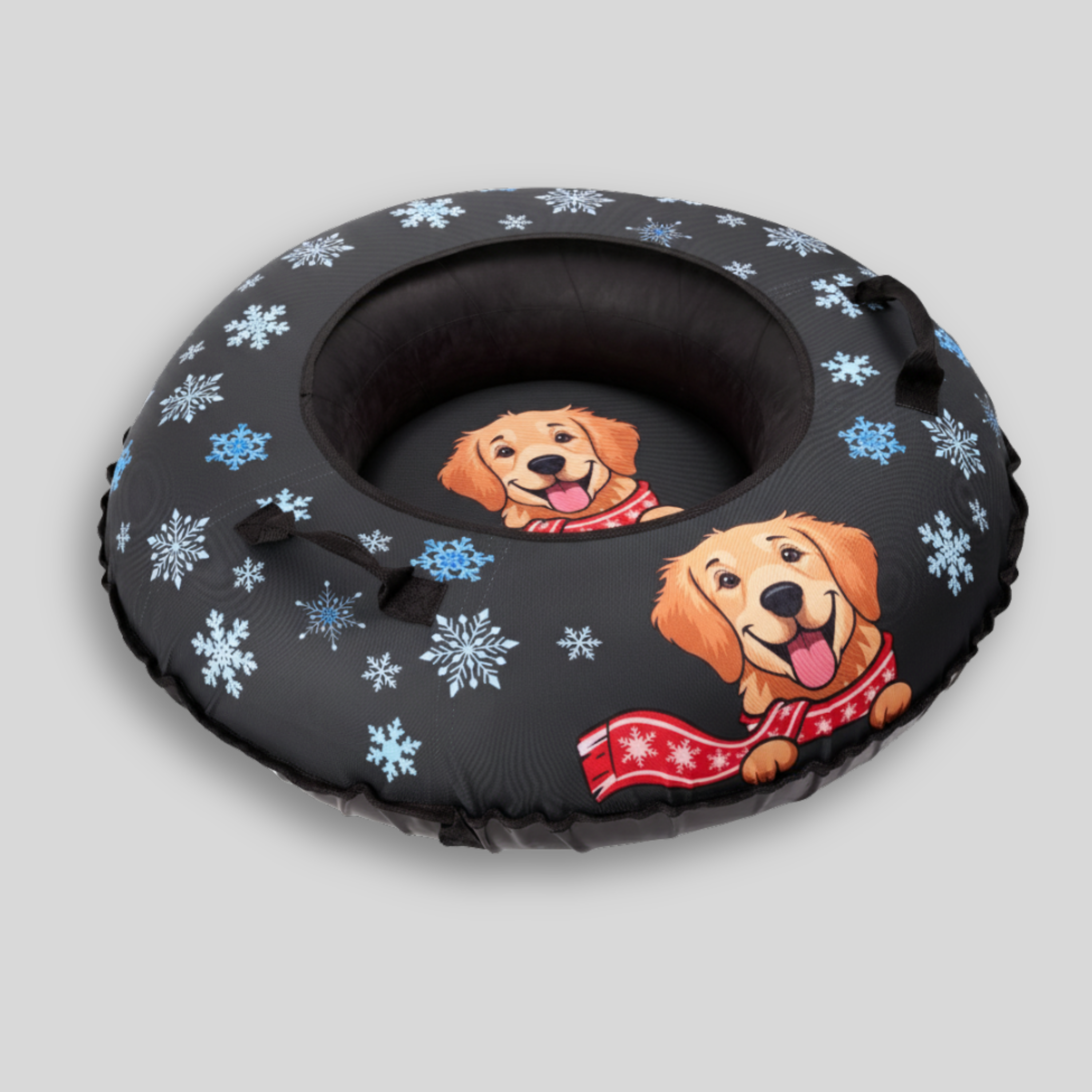Inflatable tube with dog illustrations and snowflake patterns on a gray background