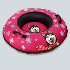 Pink snow tube with dog illustrations and snowflake patterns on a light gray background