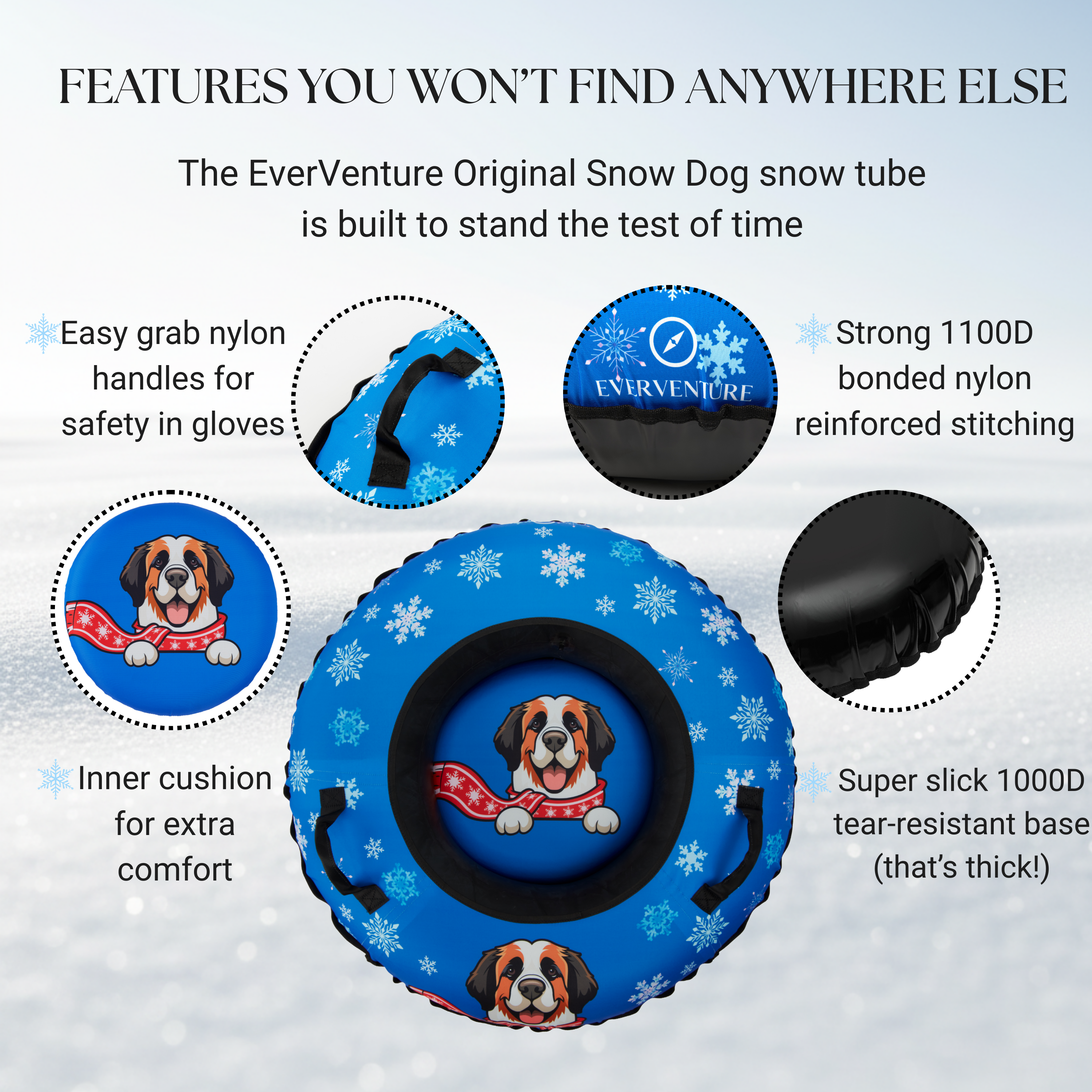 Blue snow tube with dog illustration on a snowy background, featuring text about its features.