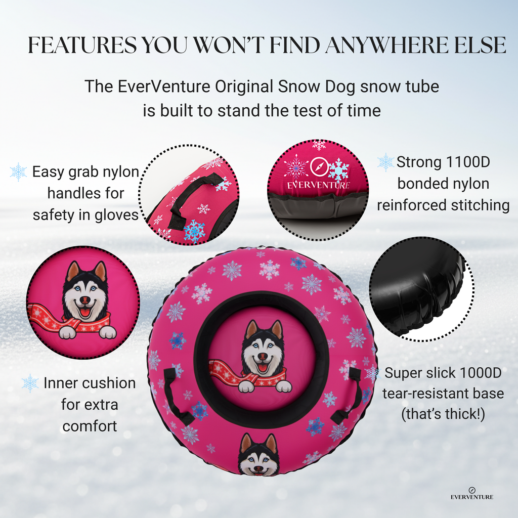 Pink snow tube with dog design and features listed on a snowy background