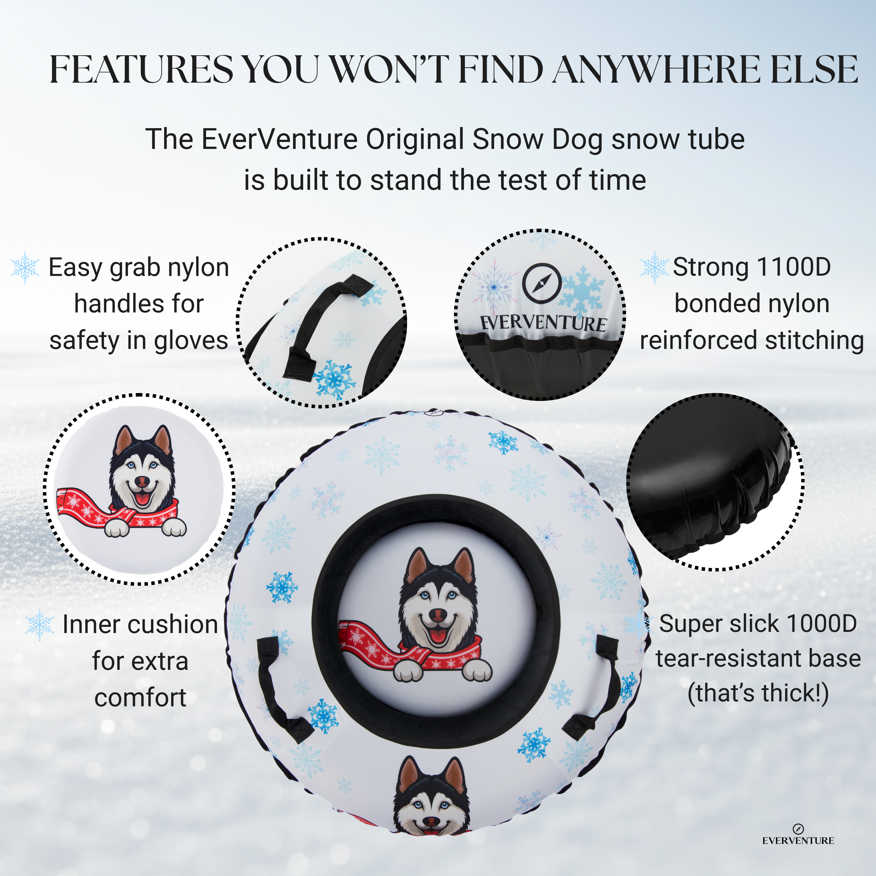 EverVenture Original Snow Dog snow tube with features highlighted on a snowy background