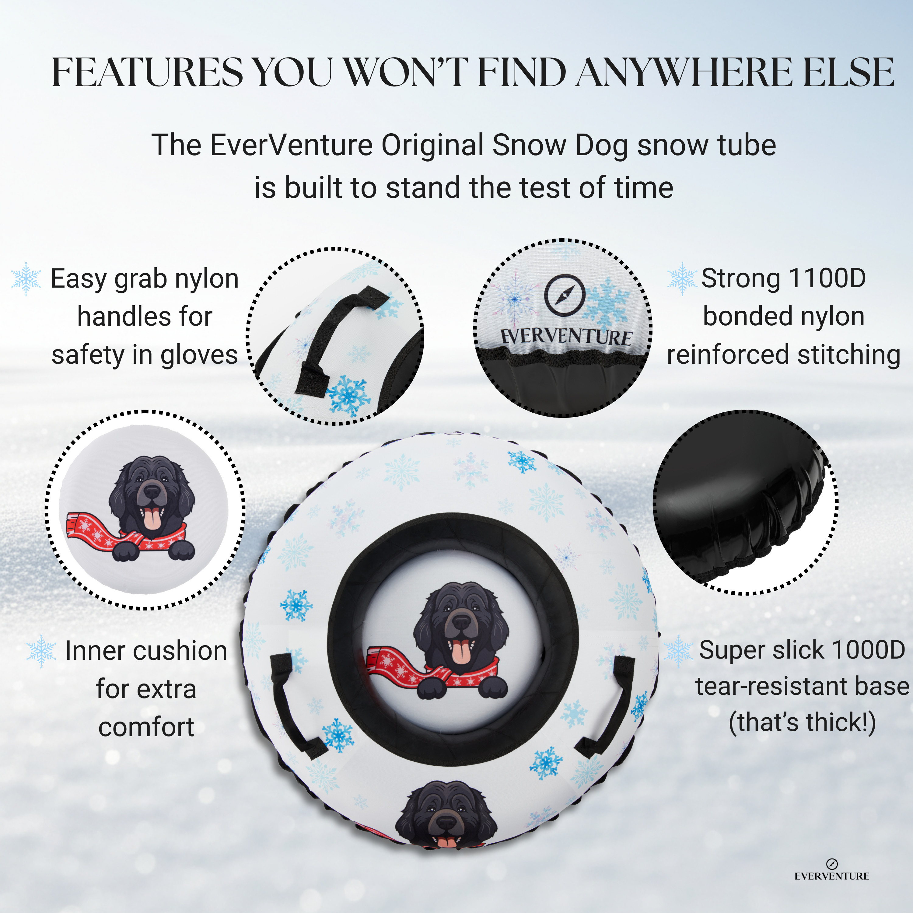 EverVenture Original Snow Dog snow tube with features highlighted on a snowy background