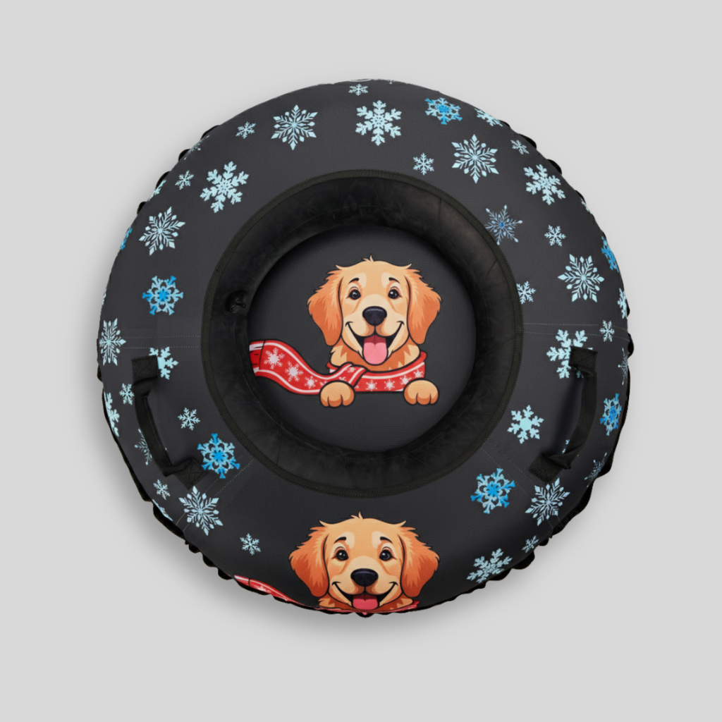 Inflatable snow tube with dog design and snowflake pattern on a gray background