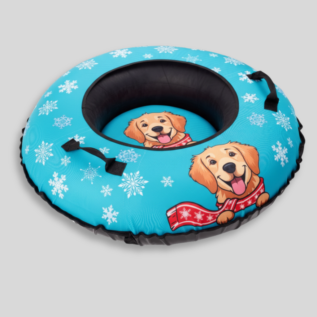 Inflatable tube with dog design and snowflake pattern on a gray background