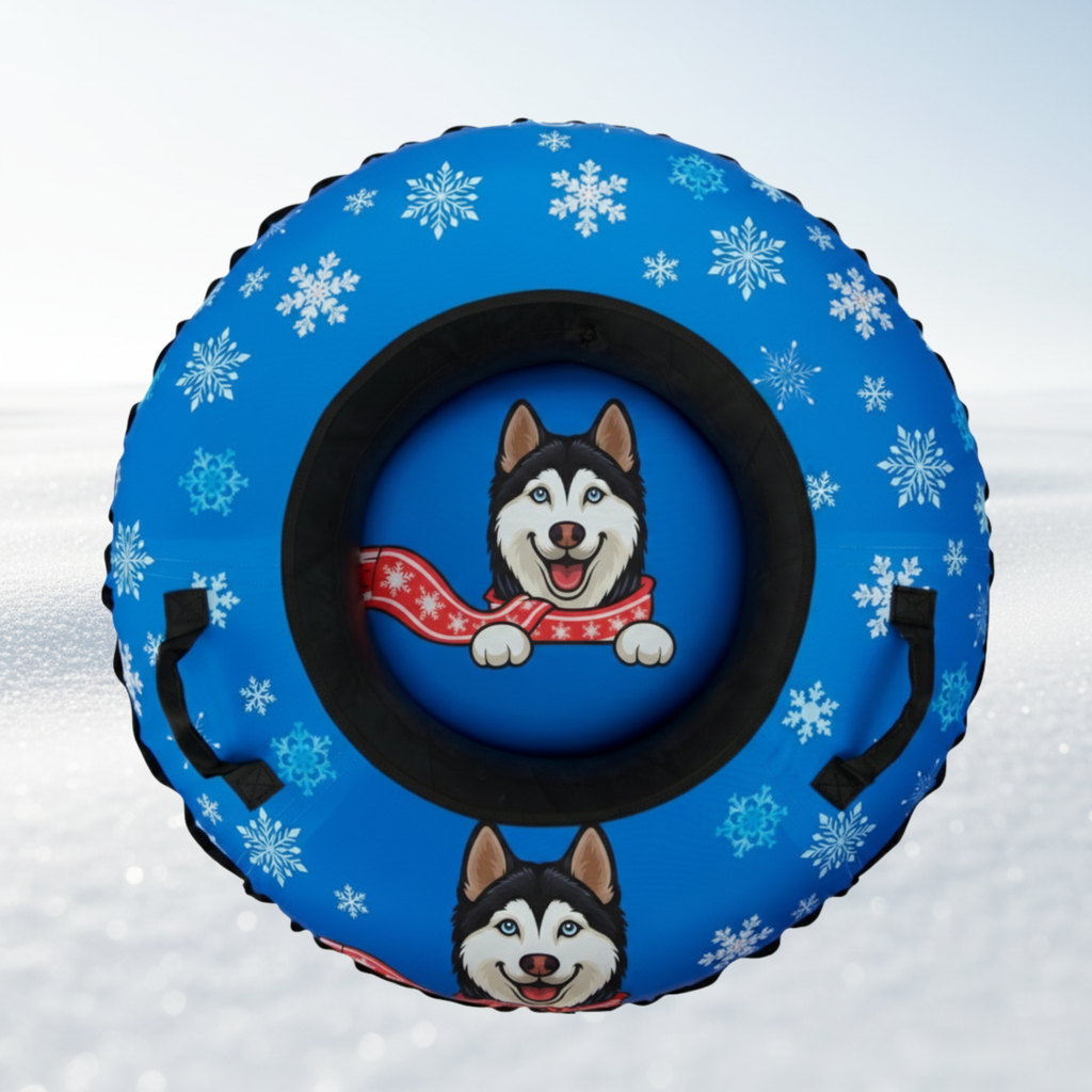 Blue snow tube with snowflake pattern and dog illustration on a snowy background
