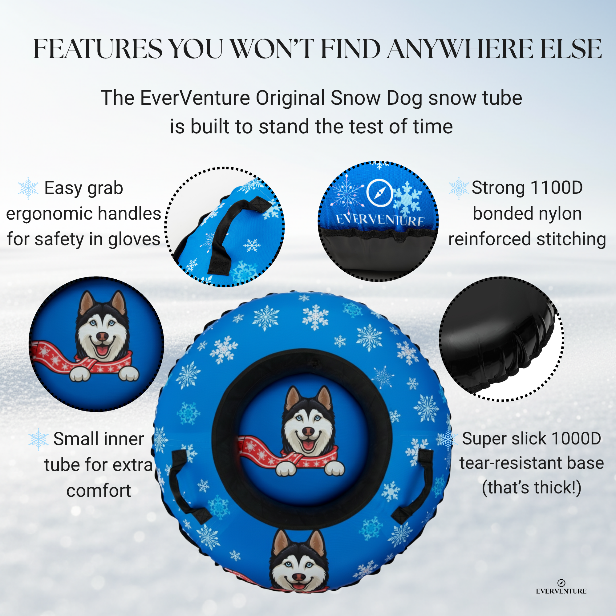 Blue snow tube with dog design on a snowy background, featuring EverVenture branding and text about product features.