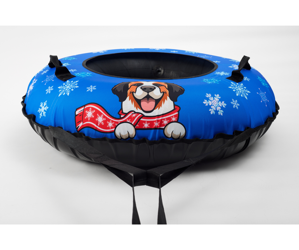 Inflatable snow tube with a dog design on a white background