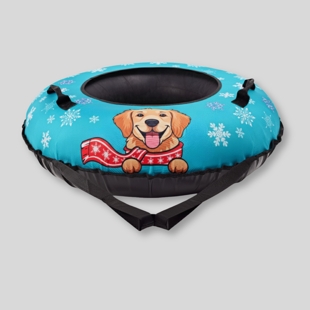 Inflatable snow tube with a dog design on a gray background