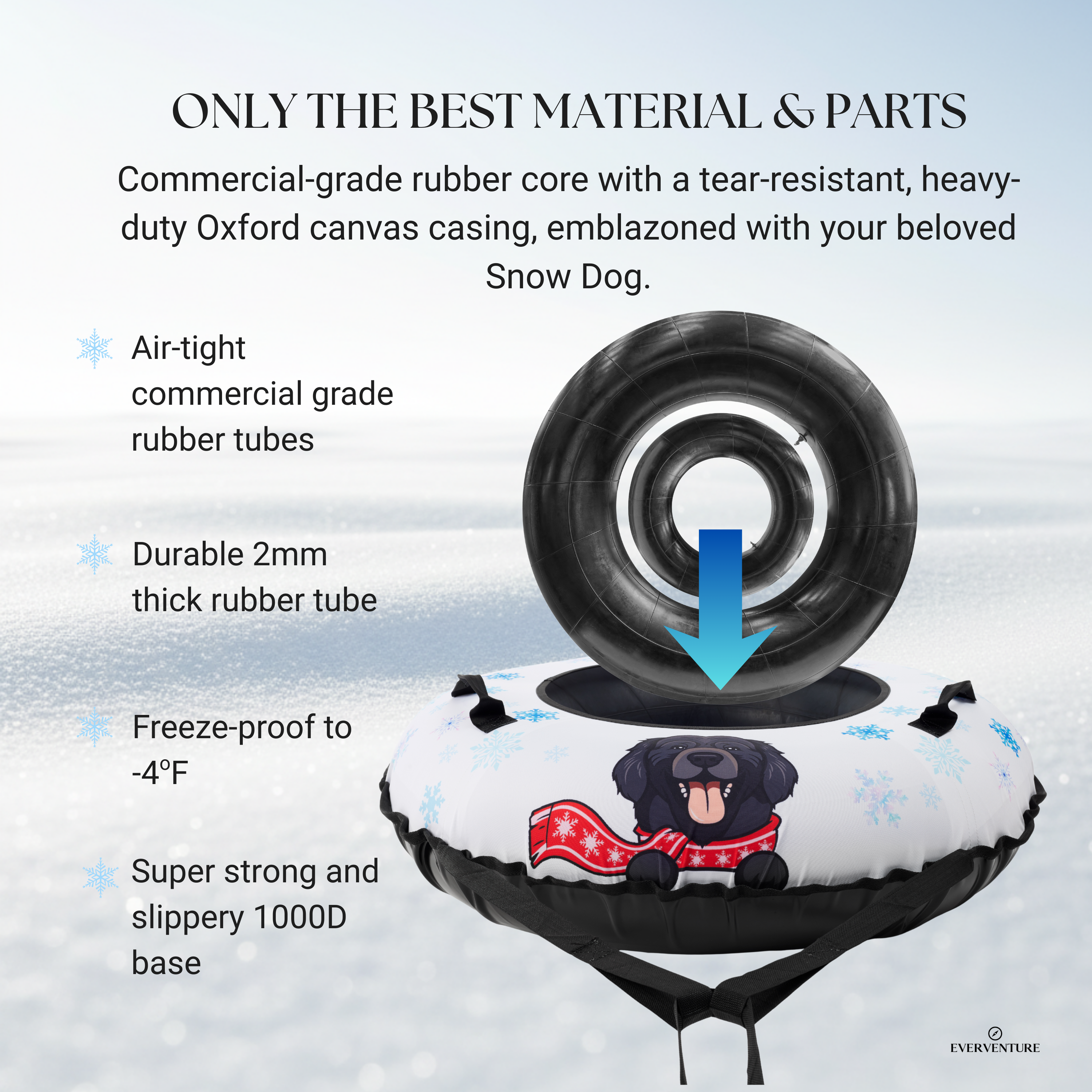 Product description of a snow tube with features highlighted on a snowy background