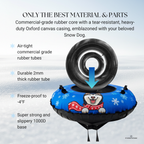 Snow tube with a dog design on a snowy background, featuring text about material and features.