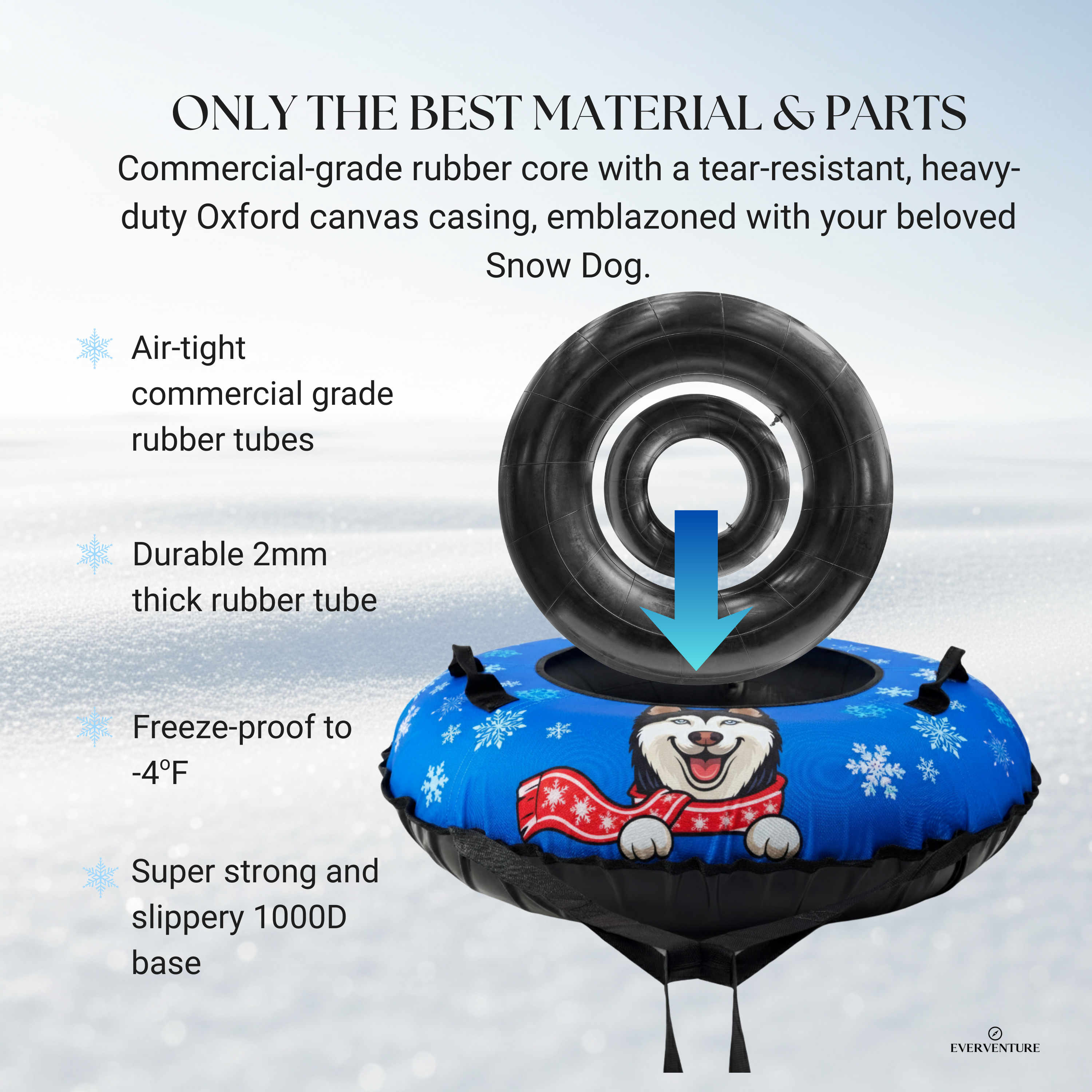 Snow tube with a dog design on a snowy background, featuring text about material and features.