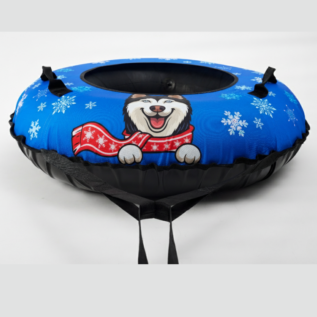 Blue snow tube with a dog design and snowflakes on a white background