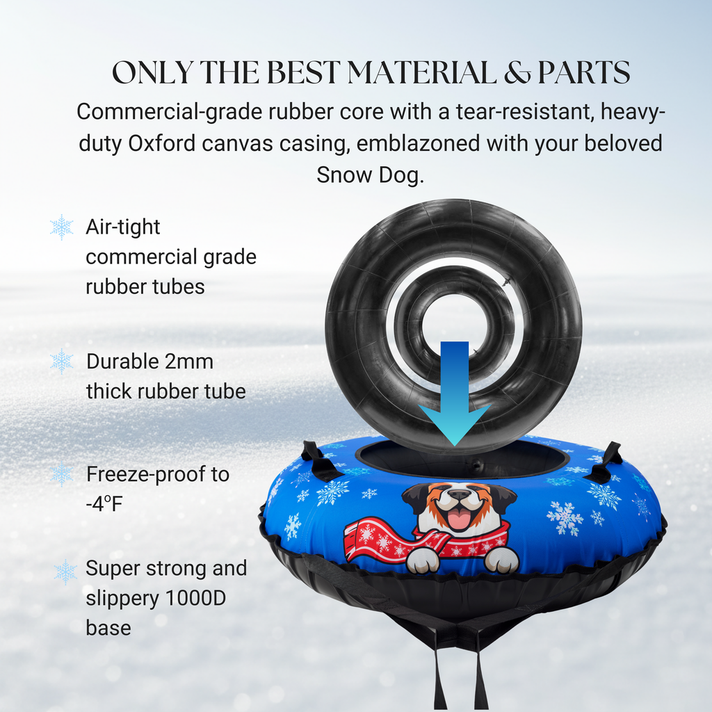 Dog snow tube with text highlighting features on a snowy background
