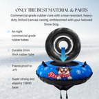 Dog snow tube with text highlighting features on a snowy background