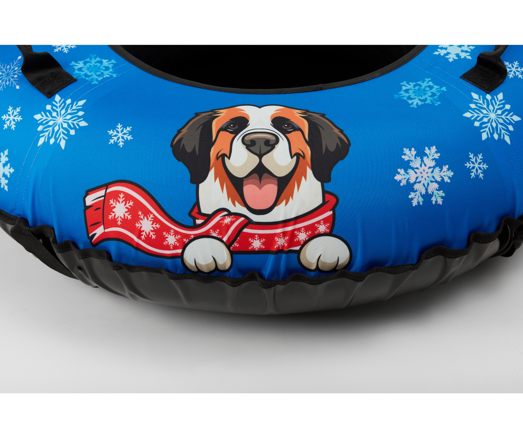 Inflatable tube with a dog design and snowflake pattern on a blue background
