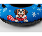 Inflatable tube with a dog design and snowflake pattern on a blue background