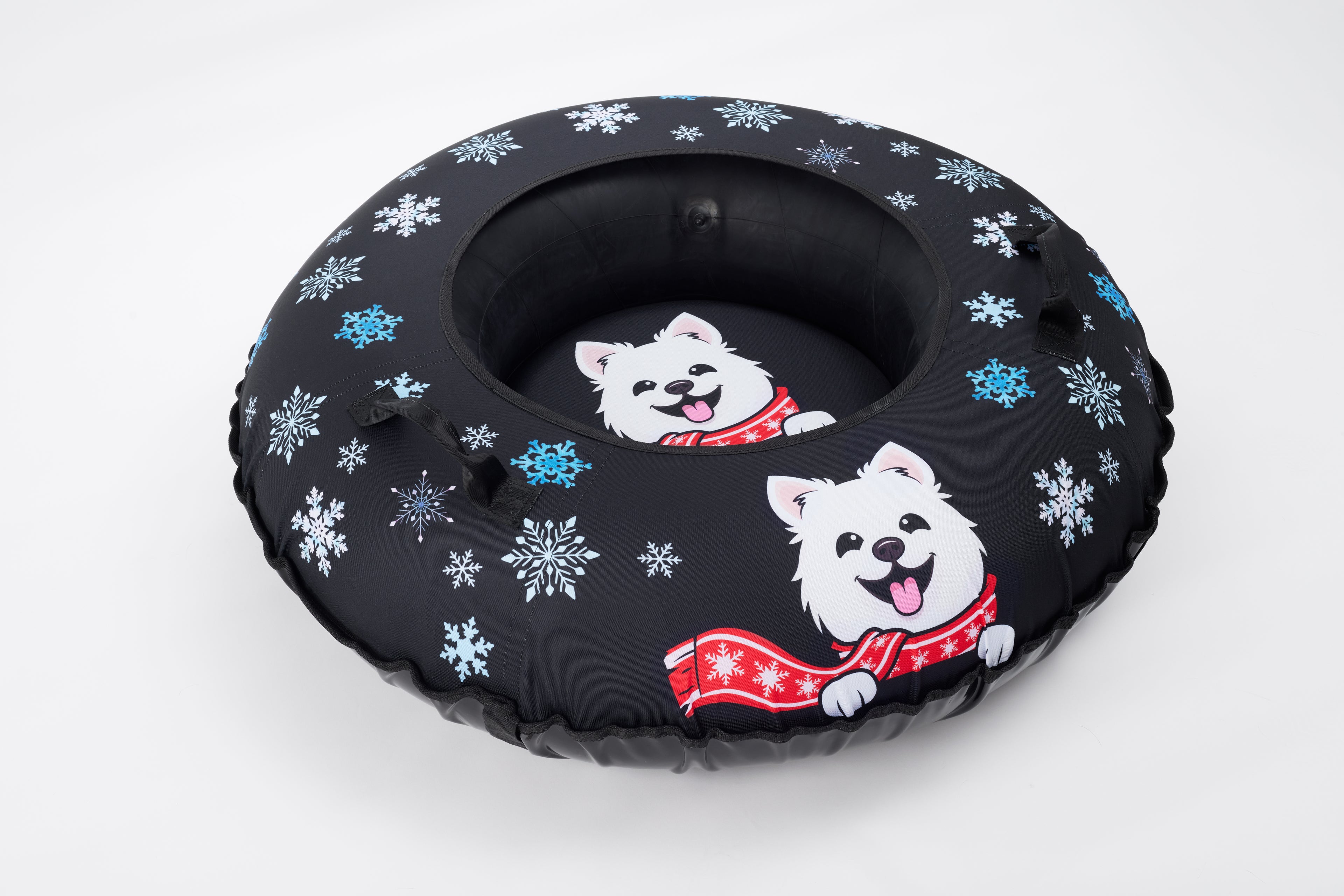 Black inflatable ring with dog illustrations and snowflake patterns on a white background