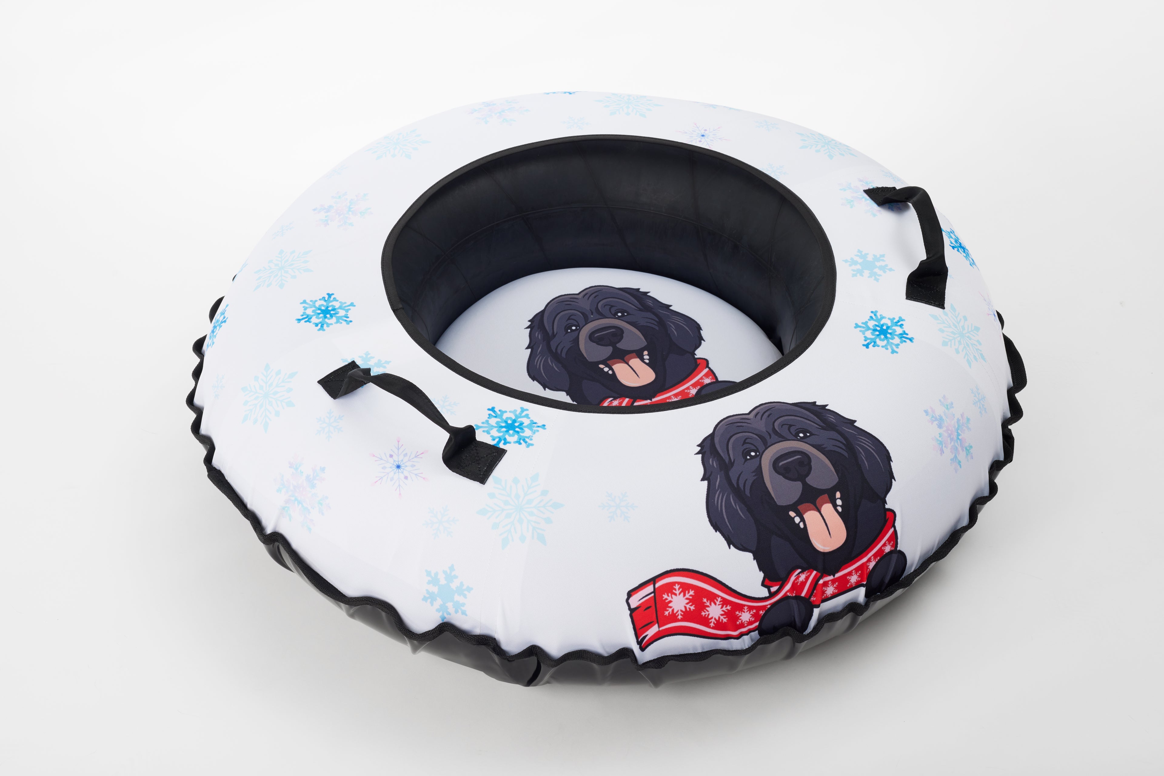 Inflatable tube with black dog illustrations on a white background