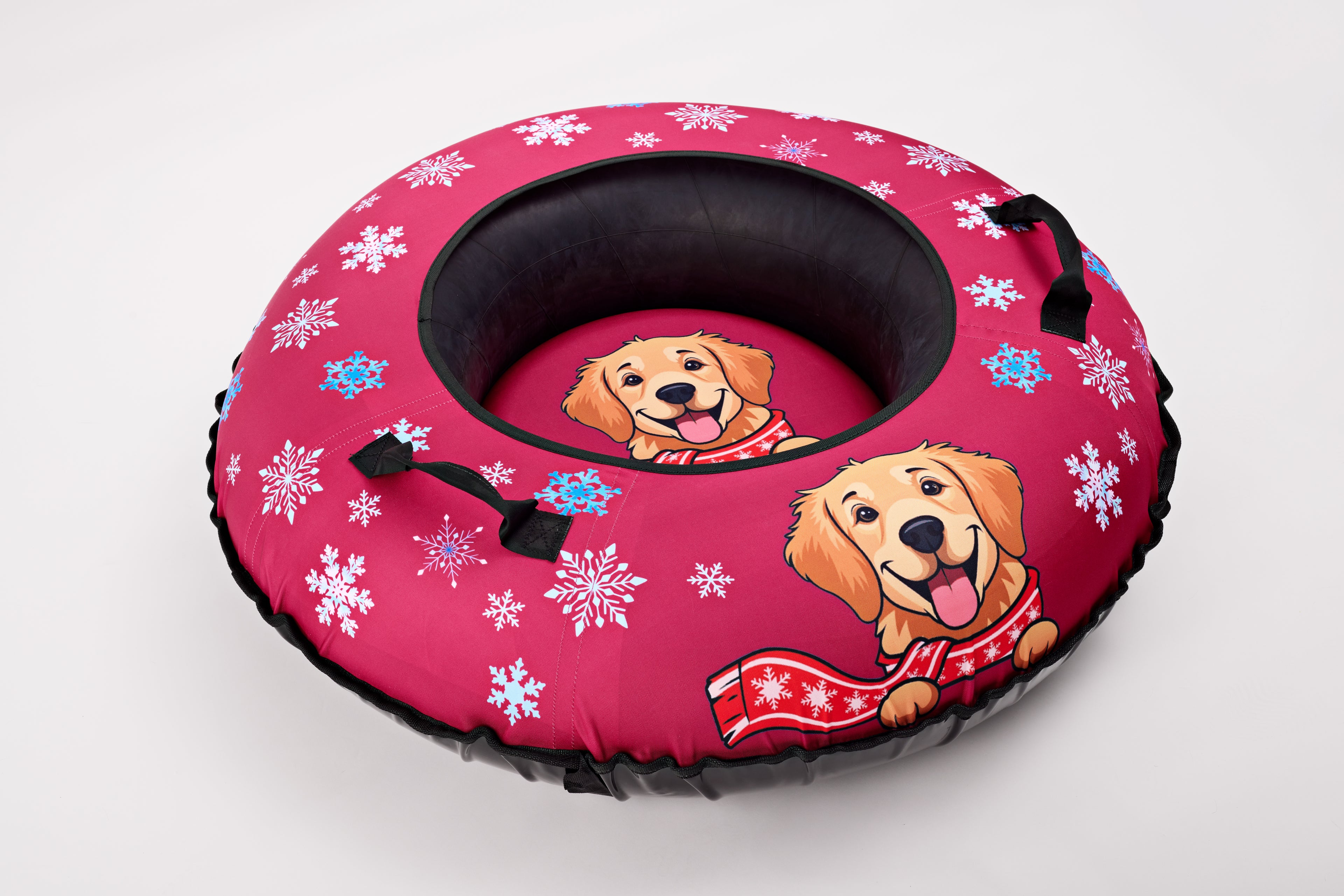 Pink inflatable dog tube with snowflake pattern and dog illustrations on a white background