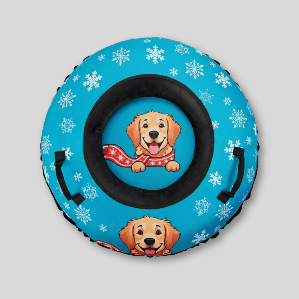 Blue snow tube with cartoon dogs and snowflake pattern on a gray background