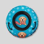 Blue snow tube with cartoon dogs and snowflake pattern on a gray background