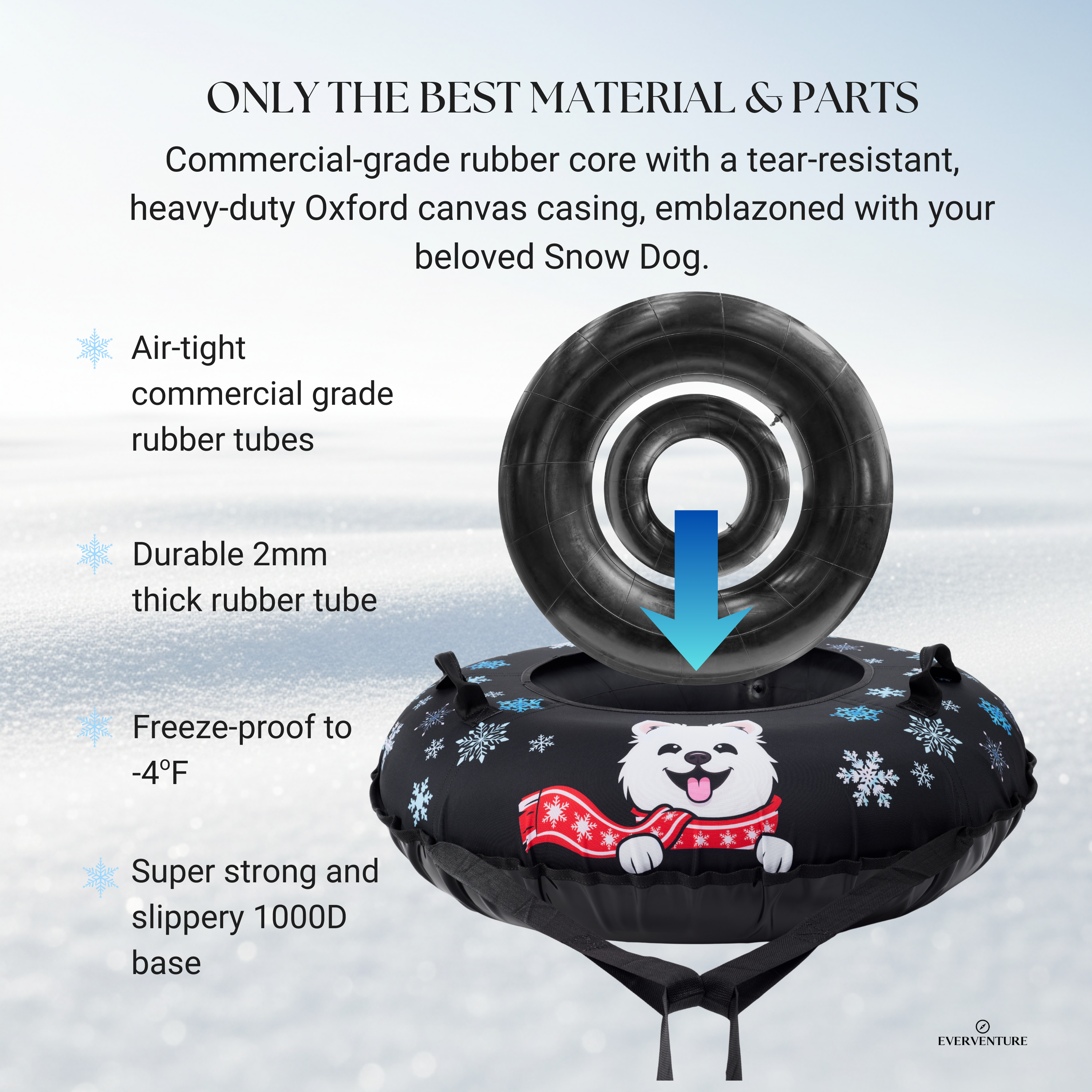 Dog snow tube with features highlighted on a snowy background