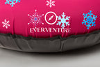 Inflatable sleeping pad with 'Everventure' logo and snowflake designs on a pink background