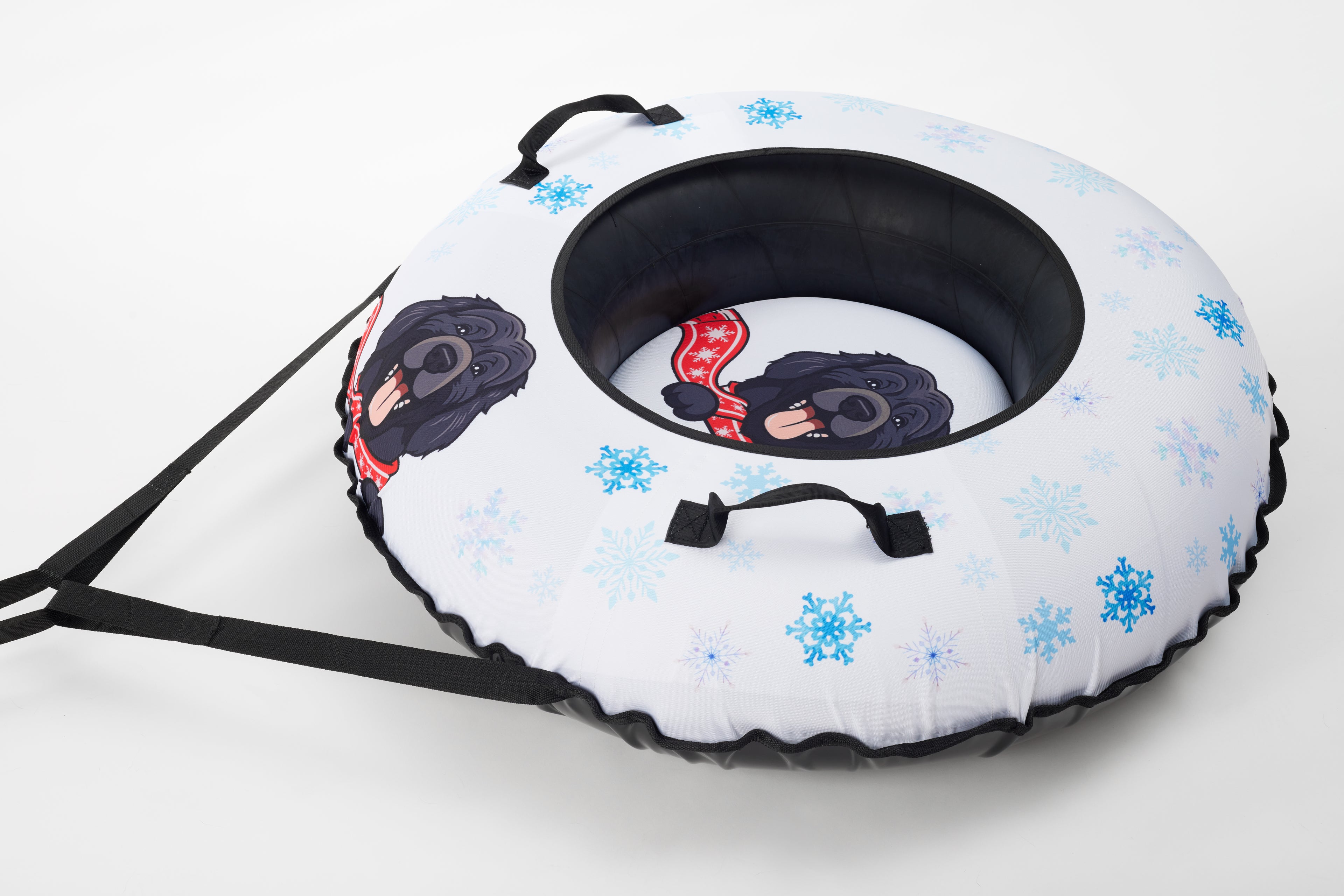 Inflatable snow tube with cartoon bear design on a white background