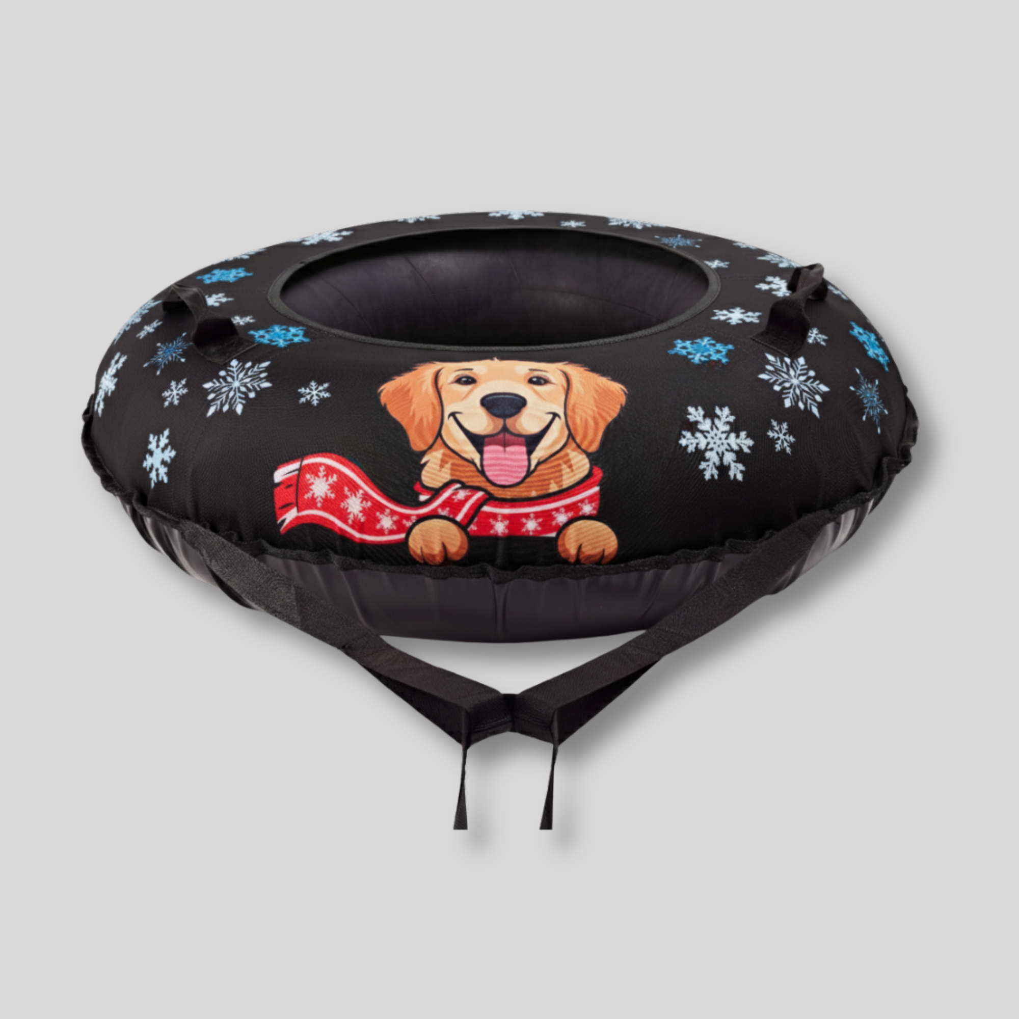 Black snow tube with a dog illustration and snowflakes on a gray background