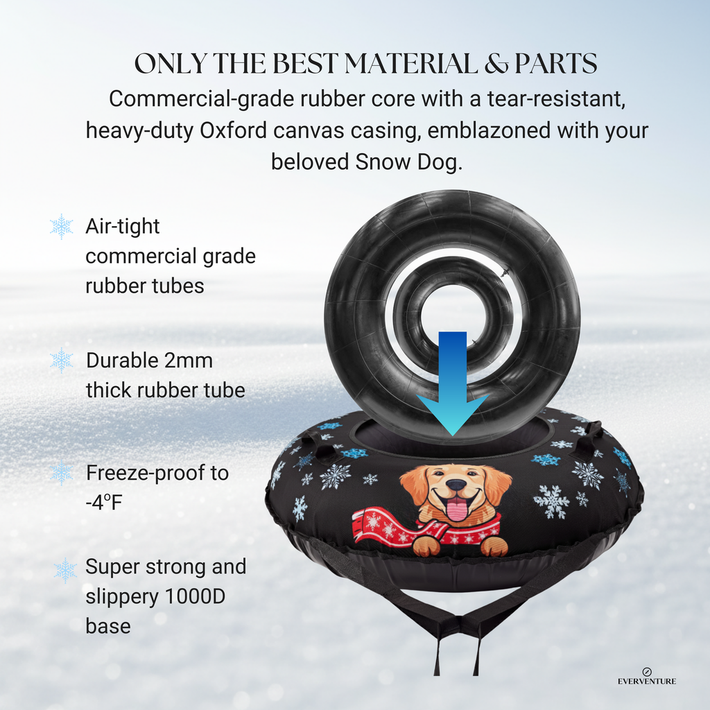 Doggy inflatable tube with snowflake design and text about material and features on a snowy background