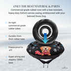 Doggy inflatable tube with snowflake design and text about material and features on a snowy background
