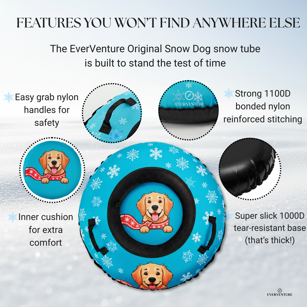 Blue snow tube with dog design and features text on a snowy background