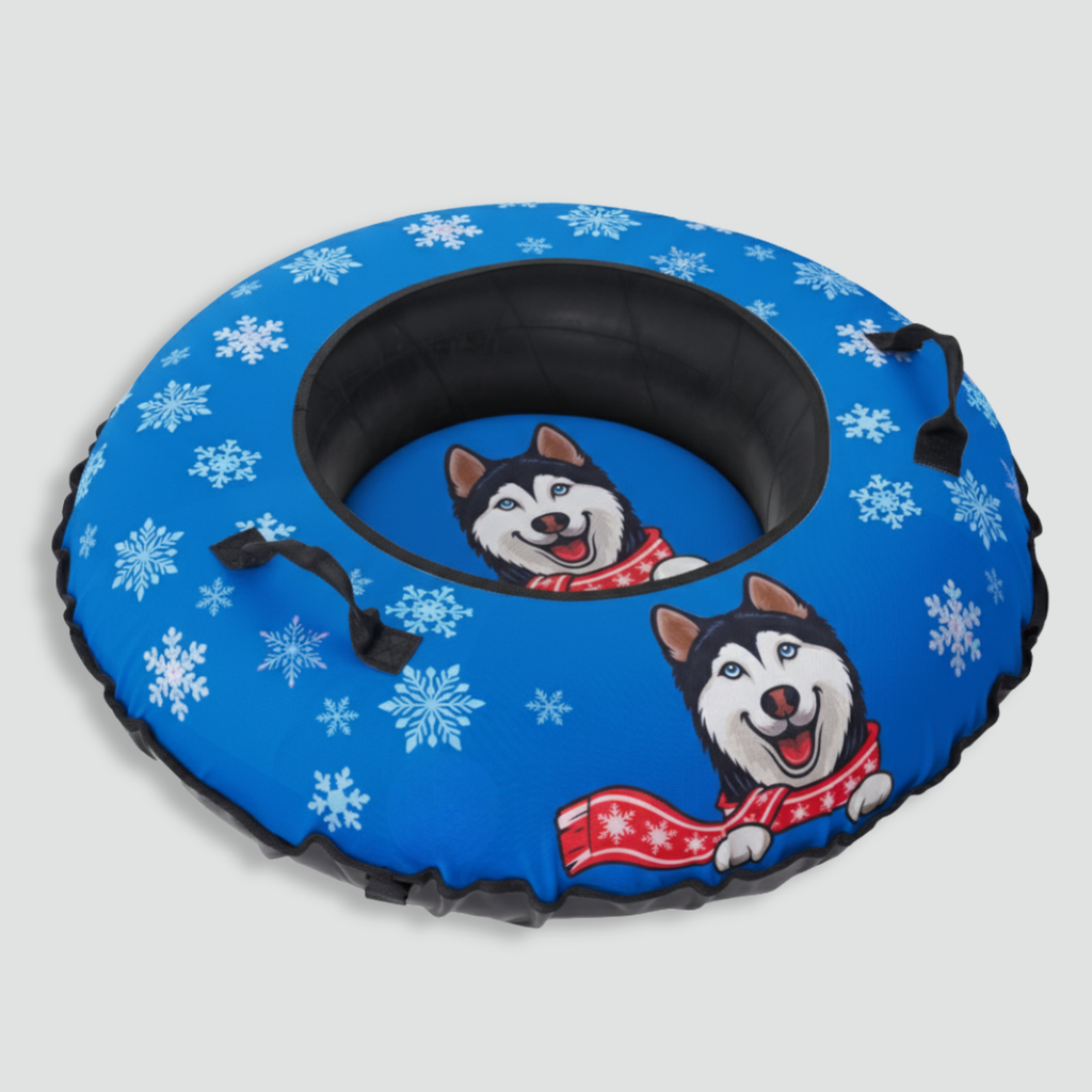 Inflatable tube with blue snowflake pattern and husky dog illustrations on a gray background