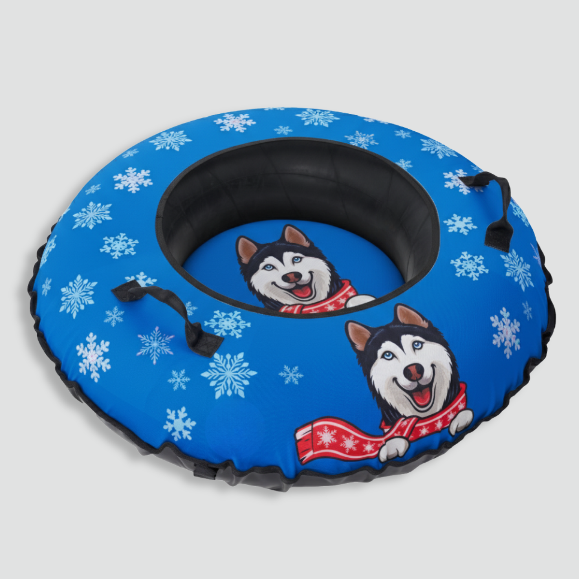 Inflatable tube with blue snowflake pattern and husky dog illustrations on a gray background
