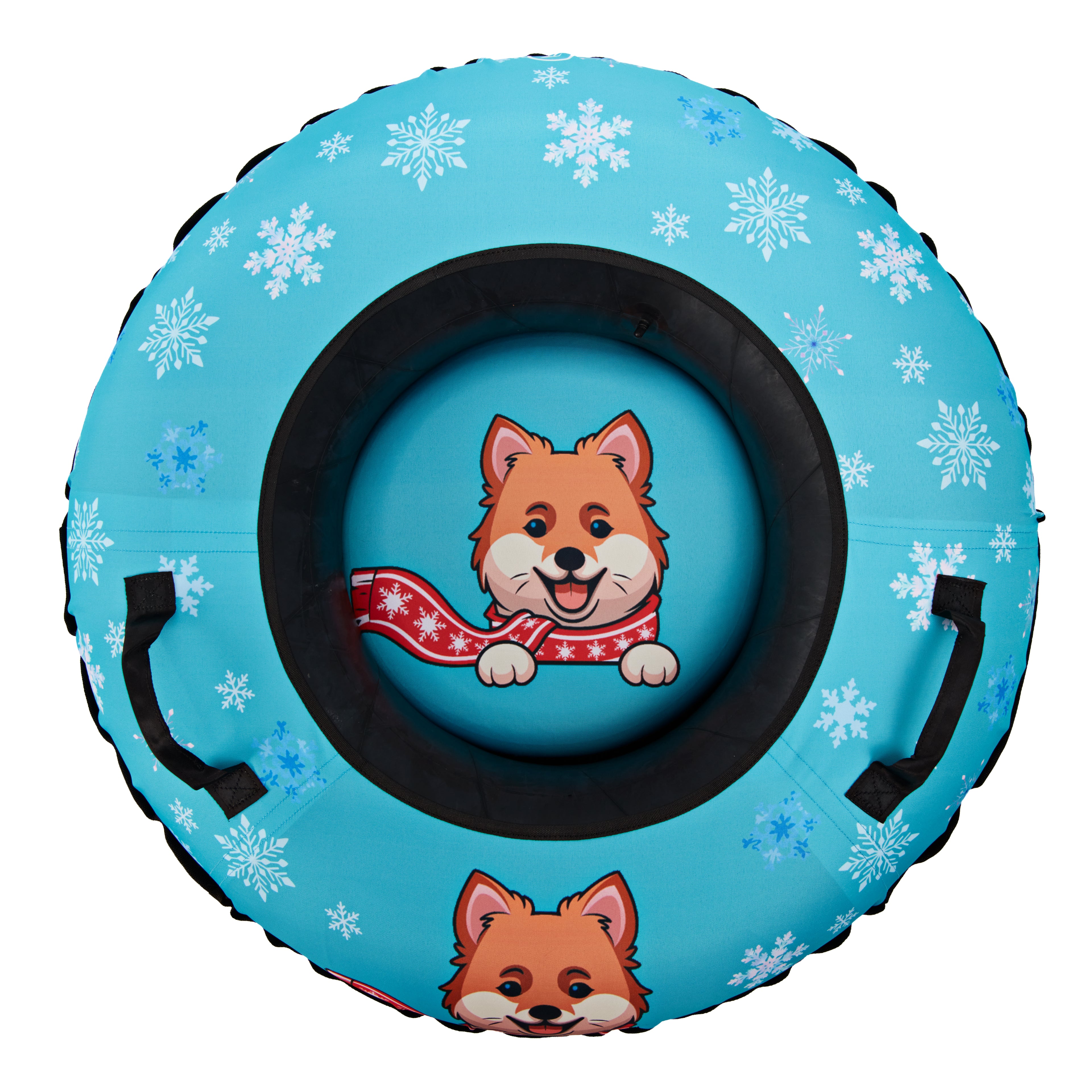 Inflatable snow tube with a dog design and snowflake pattern on a blue background