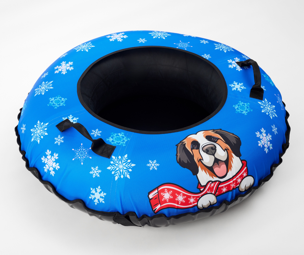 Blue inflatable tube with snowflake pattern and dog design on a white background
