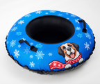 Blue inflatable tube with snowflake pattern and dog design on a white background