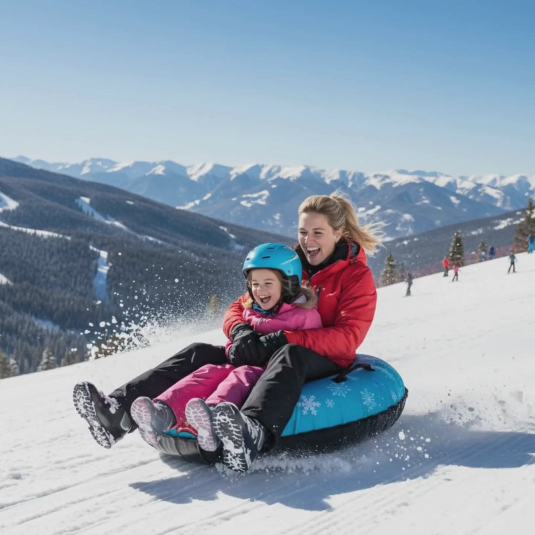 Video of mother and daughter laughing while on a snow tube sliding down a hill at a ski resort